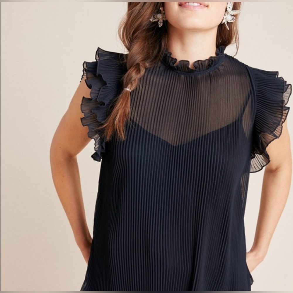 Anthropologie Black Sheer Frieda Accordion Ruffle Blouse Size Large